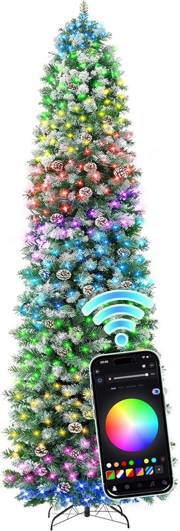 HOLLO STAR 9 ft Prelit Christmas Tree with 500 LED Lights, App Control, Slim Pencil Christmas Tree, Multi-Color RGBW Lights, 1426 Flocked Frosted Tips, Xmas Tree, 95 Pine Cones, for Home, Party