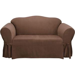 SureFit Home Décor Soft Suede Box Cushion Loveseat One Piece Slipcover, Relaxed Fit, Polyester, Machine Washable, Chocolate Color