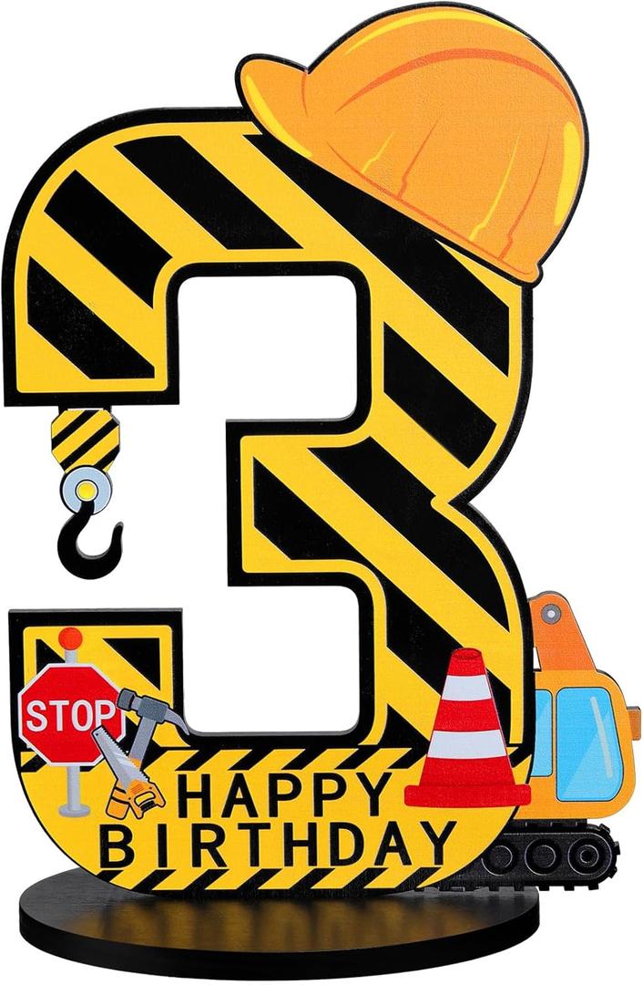 MiniInflat Construction 3rd Birthday Number Sign Centerpiece Truck 3rd Sign Construction Birthday Party Supplies Wooden Excavator Hat 3 Years Old Number for Boys Anniversary