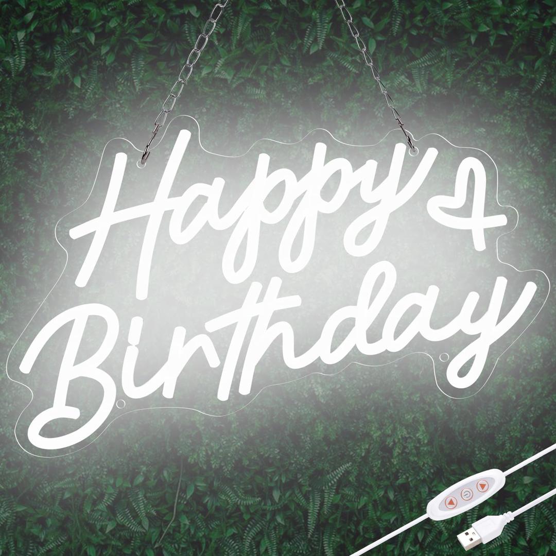 Happy Birthday Neon Sign for Party and Wall Decor,15 * 9 inch White Led Neon Light Signs with USB and Dimmer Switch,Happy Birthday Sign for Backdrop