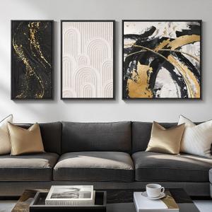 Framed Modern Abstract Wall Art Set, 3 Piece Black White Gold Canvas Prints Paintings Artwork for Walls, Minimalist Abstract Pictures for Living Room, Dining Room, Bedroom, Office Wall Decor