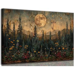 Full Moon Forest Canvas Wall Art Vintage Moonlit Pine Tree Mountains and Wildflowers Woodland Nature Landscape Picture Wall Decor Poster Print Artwork for Bedroom Living Room Home Decoration (36"L x 24"W)