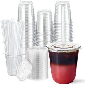 Vplus 100 Pack 12 oz Iced Coffee Cups with Lids, Disposable Plastic Cups with Lids and Straws for Cold Beverages, Juice, Milkshakes, Coffee Shops, Parties and Daily Use