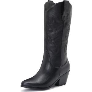 ZXHYZLZ Western Cowboy Boots for Women - Mid Calf Embroidered Cowgirl Boots, Slip On Pointed Toe Chunky Heel Fashion Retro Classic Boots (8, Black)
