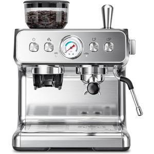 Kismile Espresso Machine with Grinder, 20 Bar Automatic Espresso Maker with Milk Frother Steam Wand, Removable Water Tank for Latte & Cappuccino, Professional Coffee Machine for Home (Stainless Steel)