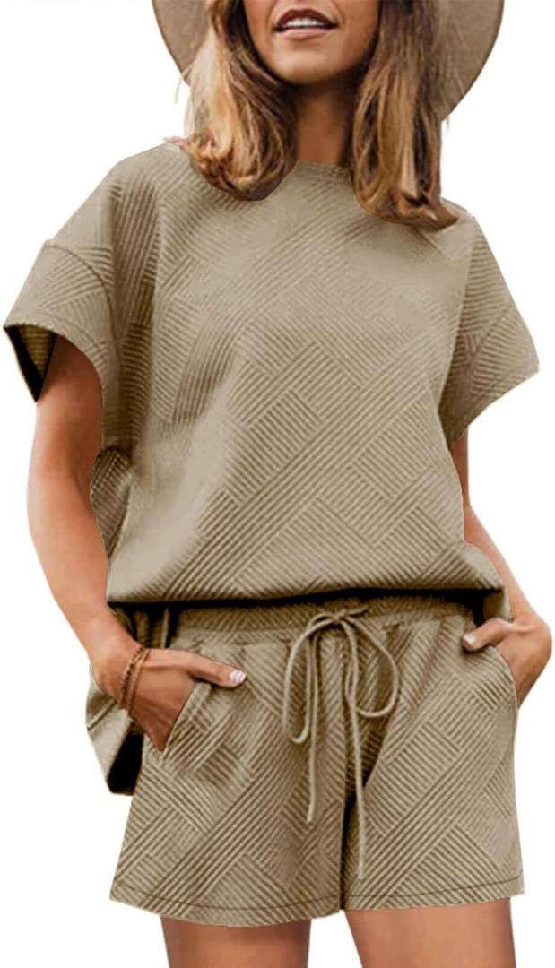 UNCLECAT Womens 2 Piece Lounge Sets Short Sleeve Tops and Shorts Travel Outfits Pajama Set with Pockets (Medium, Khaki)