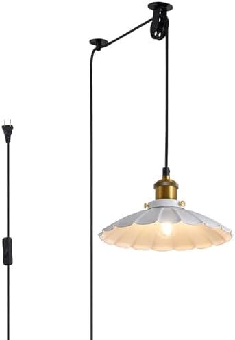 Oyisen Plug in Pendant Light Industrial 9.8 Inch White Lampshade Kitchen Island Hanging Lamp Plug in Adjustable Cord Hanging Lights for Bedroom and Living Room