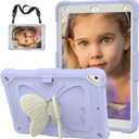 For iPad 9th 8th 7th Generation Case for Kids Girls with Pencil Holder, for iPad 10.2 Case with Butterfly Stand Shoulder Strap Shockproof Full Body Protective Cover for iPad Air 3rd Gen, Purple