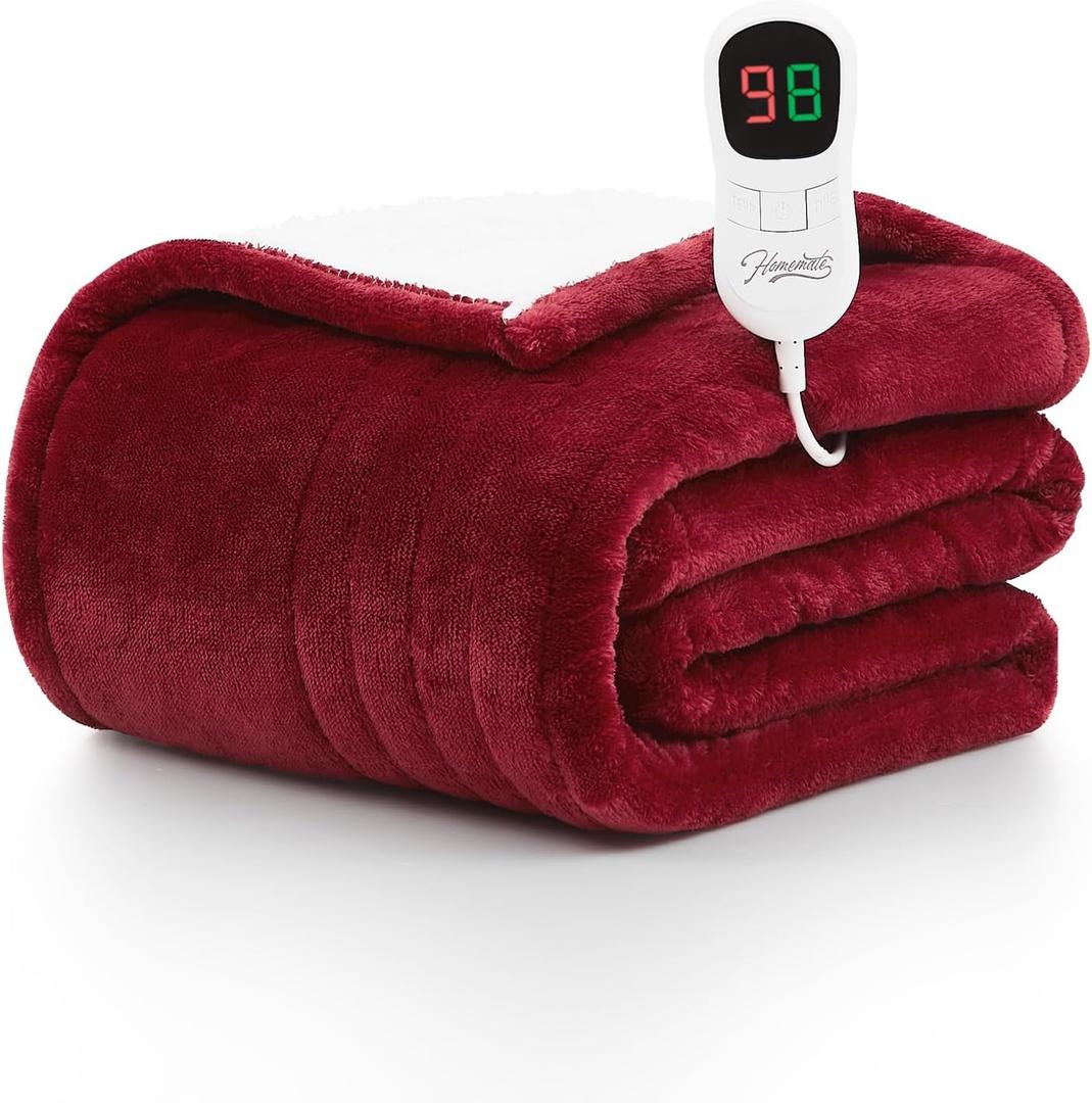 Homemate Heated Blanket Electric Throw - 50"x60" Heating Blanket Throw 1/2/4/6/8 Hours Auto-off 10 Heat Level Heat Blanket Over-heat Protection Flannel Sherpa Heater Blanket Electric ETL Certification (Ruby Red)