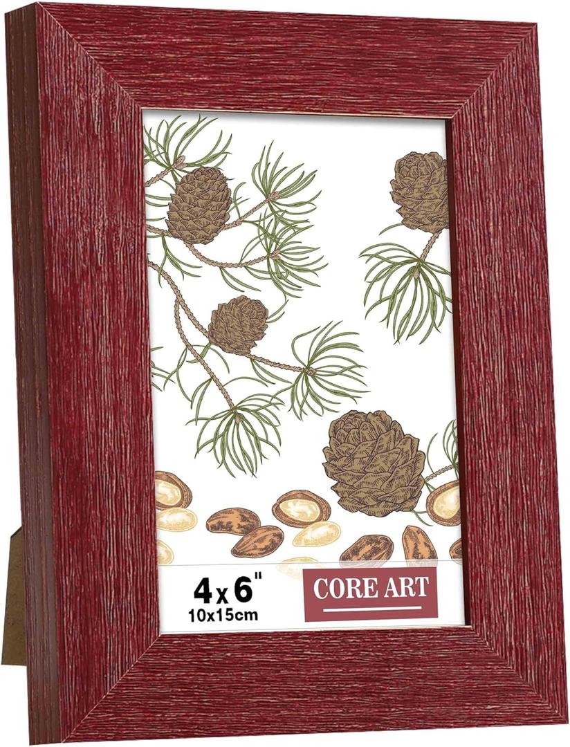 CORE ART 4x6 Picture Frame, Handmade Wood Rustic Red Photo Frame, High Definition Semi-tempered Glass Wall or Tabletop Display