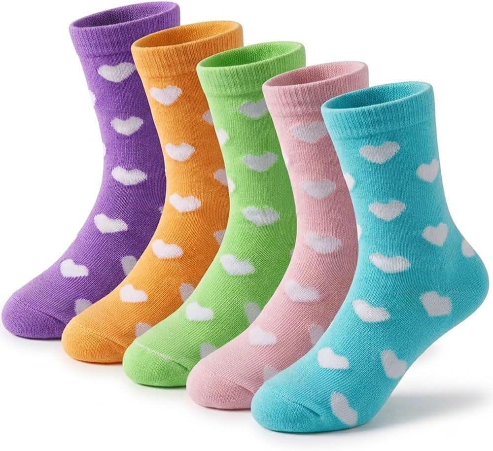 Girls Kids Socks Cotton Sock White Pink Crew Socks with Hearts, 5 Pairs Soft Breathable Child Sock for Valentine's Day