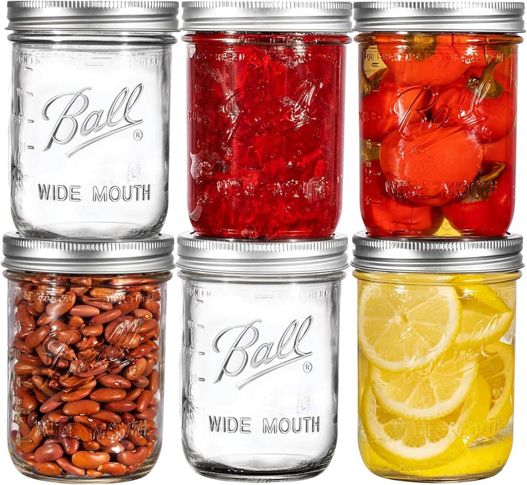 Ball Wide Mouth Mason Jars 16 oz. (6 Pack) - Pint Size Jars with Airtight Lids and Bands for Canning, Fermenting, Pickling, Meal Prep or DIY Decors and Projects Bundled with Peaknip Jar Opener