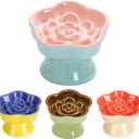 S&Q's CERAMICS Raised Slow Feeder Cat Bowl, Ceramic Elevated and Titled Glass Food Bowl Small Dogs Slow Feeder, Flower Shaped Cute Cat Dish for Dry and Wet Food (Pink, 5.8")