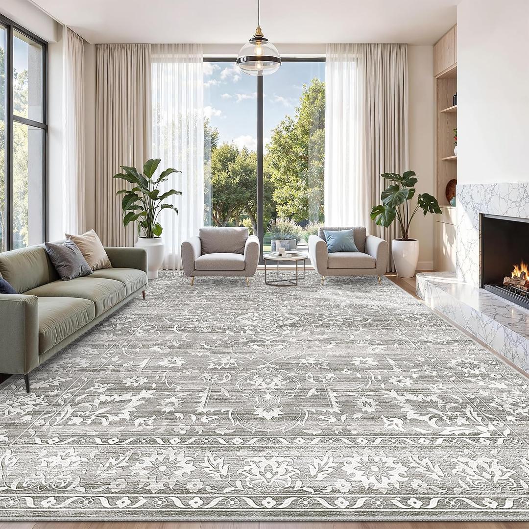 Soalmost Living Room 10x14 Area Rugs, Washable Low Pile Non-Slip Stain Resistant Extra Large Thin Rug, Vintage Soft Throw Carpet for Dining Room Bedroom Farmhouse Home Office Decor Grey