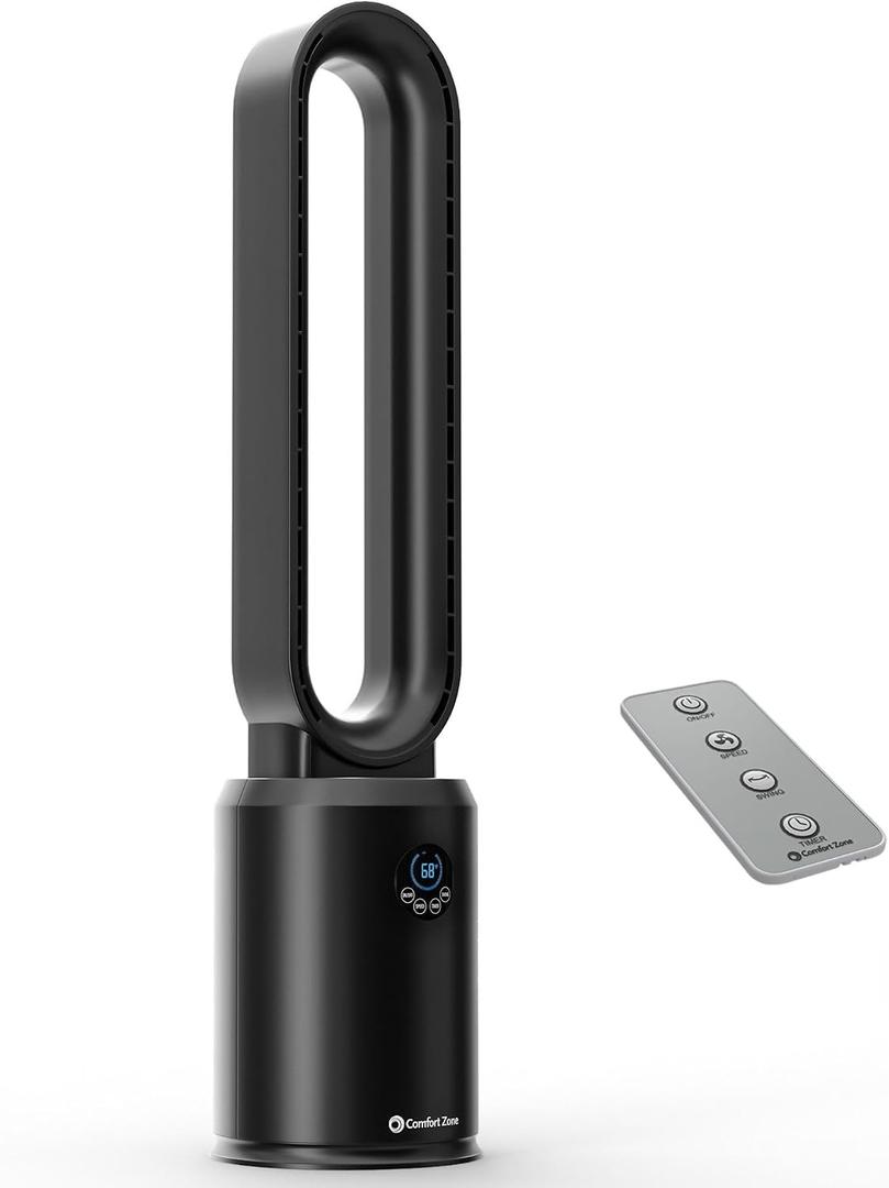 Comfort Zone 40-Inch Bladeless Tower Fan for Bedroom Quiet Standing Fan with Remote Control, 9H Timer & Wide Area Oscillation Turbocharged Airflow & Digital LED Display Black