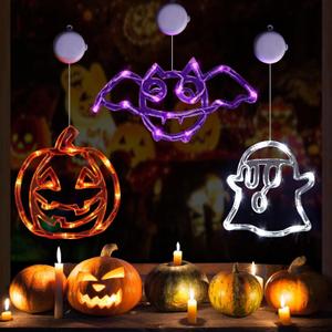 Halloween Decorations, 3 Pack Orange Pumpkin, White Ghost, Purple Bat Halloween Window Lights with Suction Cup & Hooks, Battery Operated Indoor Lights for Halloween Window Decorations