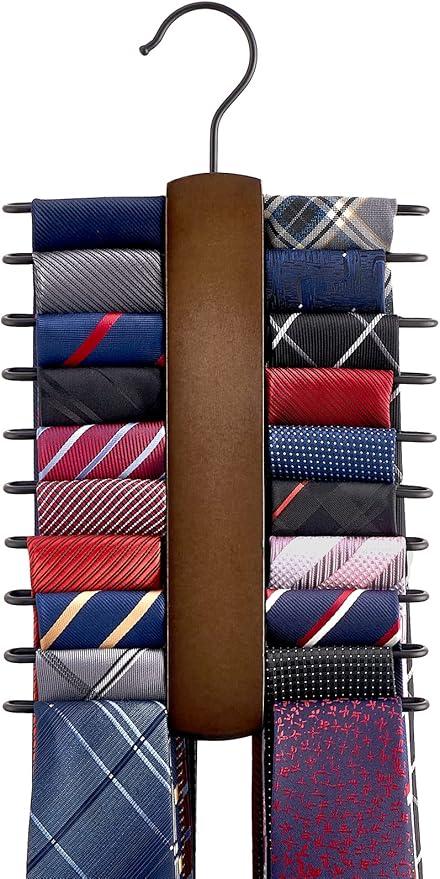 Mkono Wooden Tie Rack Retro Tie Belt Storage Hanger Organizer for Men Closet Space Saving Rack with 20 Non-Slip Hooks for Ties Belt Scarf Organize 360 Rotate Hanger Tie Display Holder, 1 Piece, Brown
