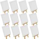U.S. Art Supply 4" x 6" Stretched Canvas with 8" High Small Natural Wooden Easel (12 Pack), A-Frame Canvas Stand Tripod, Small Painting Easels - Tabletop Easel for Painting, Canvases, Student Crafts