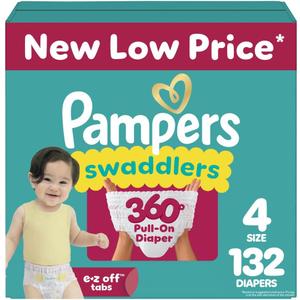 Pampers Diapers - Swaddlers 360° - Size 4, 132 Count, up to 100% Leakproof Comfy Dry Fit, Designed for Easy Changes, Pull On Baby Diaper (Packaging May Vary)