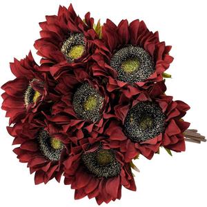 Laelfe 7PCS Artificial Sunflowers Flowers Silk Fall Sunflower Vintage Burgundy Sunflowers Decorations for Home Wedding Party Bulk Dark Center Single