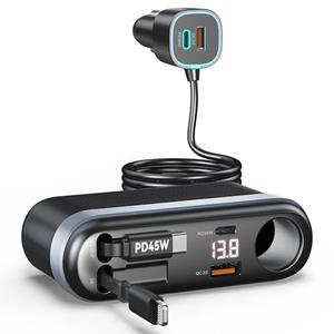 7-in-1 295W Cigarette Lighter Splitter, Cigarette Lighter Adapter with Retractable 45W USB-C/30W Lightning Cables, Car Charger Adapter with LED Voltage Display,5FT Extension Cord for All Car Devices
