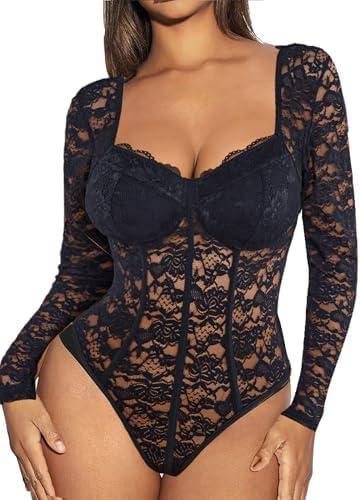 Avidlove Womens Bodysuits Long Sleeve Body Suits Womens Lace Going Out Tops One Piece Bodysuits for Women with Snap Crotch, Medium