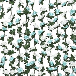 MARTINE MALL Flower Garland - 5 Strands 41Ft Rose Vines for Bedroom Decor, Blue and White Rose Floral Garland for Room Birthday Wedding Party Garden Wall Decor