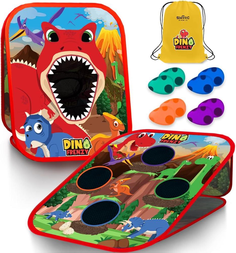Swooc Games - Dino Frenzy | 2-in-1 Corn Hole Games for Kids | 5-Second Setup | Dinosaur Bean Bag Toss Game for Kids | Kid Cornhole Game Set | Toddler Party Activity | Outside Bean Bags Kid Tossing