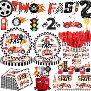 191PCS Two Fast Birthday Party Decortions, 2 Fast Birthday Decorations Includes Banner, Plates, Tablecloth, Cups, Balloons, Cake Topper, Boys Race Car Party Baby Shower Decorations Serve 24 Guests