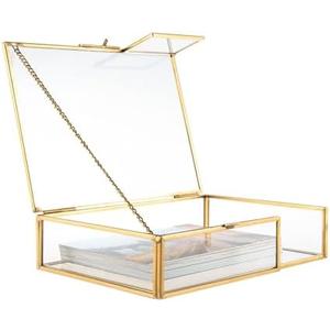 Feyarl Gold Glass Photo Picture DIsplay Box Keepsake Cards Storage Jewelry Trinket Ring Earrings Box Case Shadow Decorative Memory Box for Wedding Home Deco Girl Women(7.3 x 5.3 x 1.8inch)