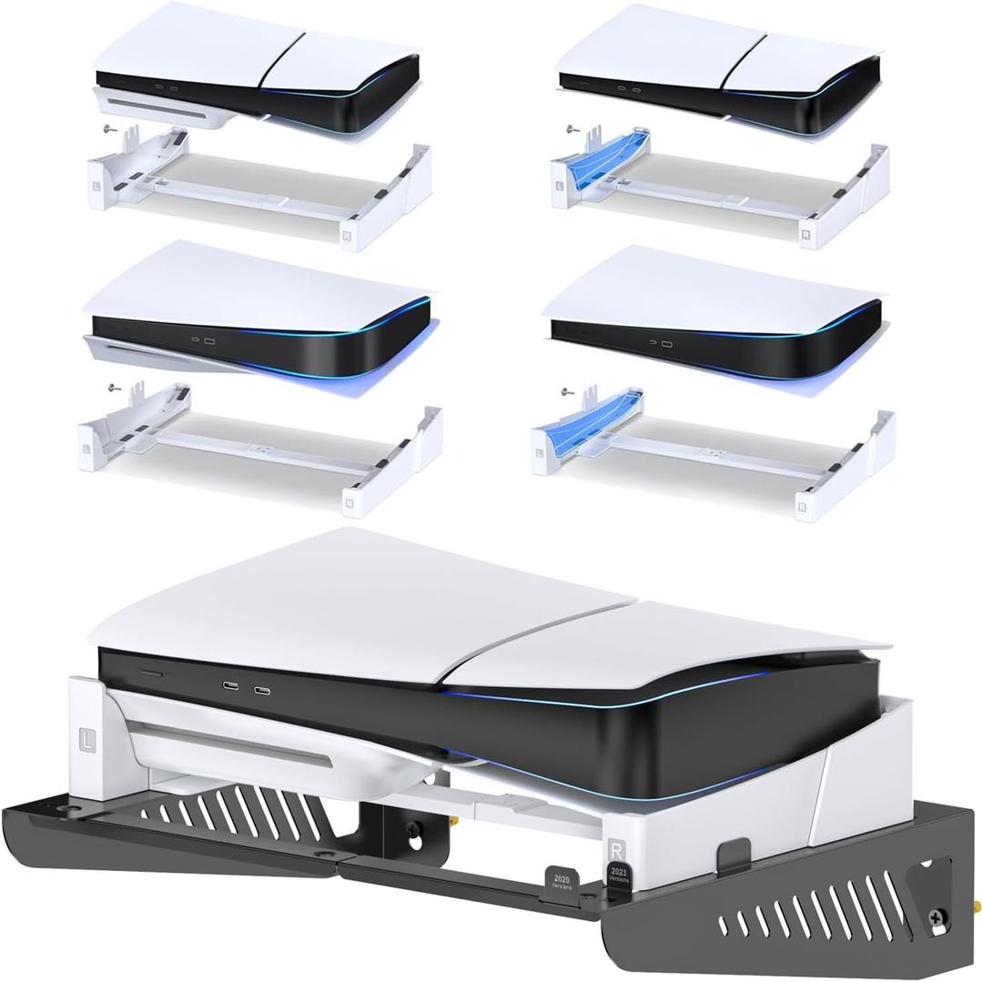 PS5/PS5 Slim Wall Mount Kit Horizontal, Shelf Wall Mount Horizontal for PlayStation 5 Disc & Digital, Game Accessories Base Stand, Upgraded Floating WallMount with Stable Screw Fixing