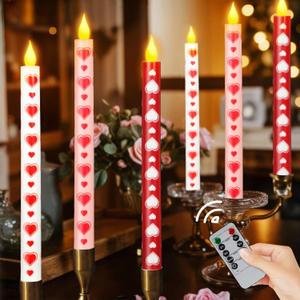 6PCS Valentine's Day Flameless Taper Candle - 10.63" Heart Love Candle with Remote,Pink Red Battery Operated LED Candlesticks,Valentines Candles Gifts for Wedding Anniversary Romantic Night Decor