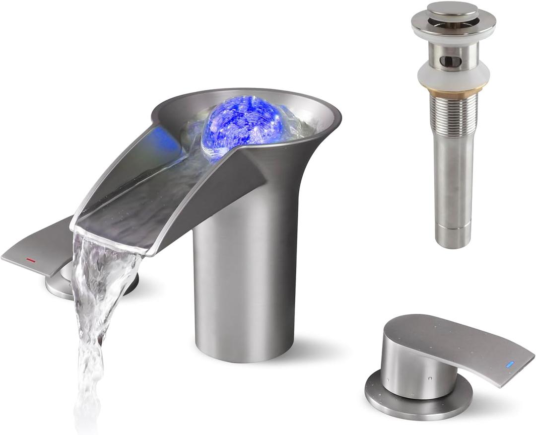 LED Waterfall Bathroom Sink Faucet, Deck Mount 3 Holes 8 Inch Widespread Vanity Faucet Modern 2 Handle Lavatory Basin Mixer Faucet Set with Pop Up Drain, Brushed Nickel