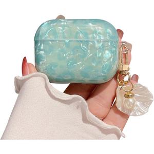 Cute Case for Airpod Pro 2 with Shell Pearl Keychain Luxury Aesthetic Leopard Hard TPU Protective Cover Compatible with AirPods Pro 2019 2022 2023 for Girls Women (Turquoise Blue)