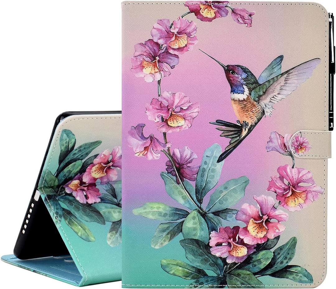 KEROM for iPad A16 11th Generation Case 11 Inch 2025, iPad 10th Generation Case 10.9 Inch 2022, Cute PU Leather Folio Stand Protective Cover for Kids, Girls, Woman - Hummingbird