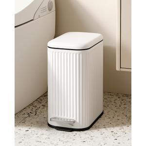 Cesun Bathroom Small Trash Can with Lid Soft Close - 1.3 Gallon Slim Garbage Can with Removable Inner Bucket, Stainless Steel Waste Basket with Step Pedal for Bedroom, Living Room, Office, White