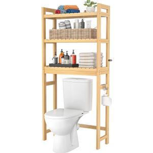Homykic Over The Toilet Storage, 3-Tier Bamboo Bathroom Shelf with 3 Hooks, Above Toilet Organizer Rack Freestanding for Small Space, Restroom, Laundry, Easy Assembly, Natural (10.3"D x 24.8"W x 66.8"H)