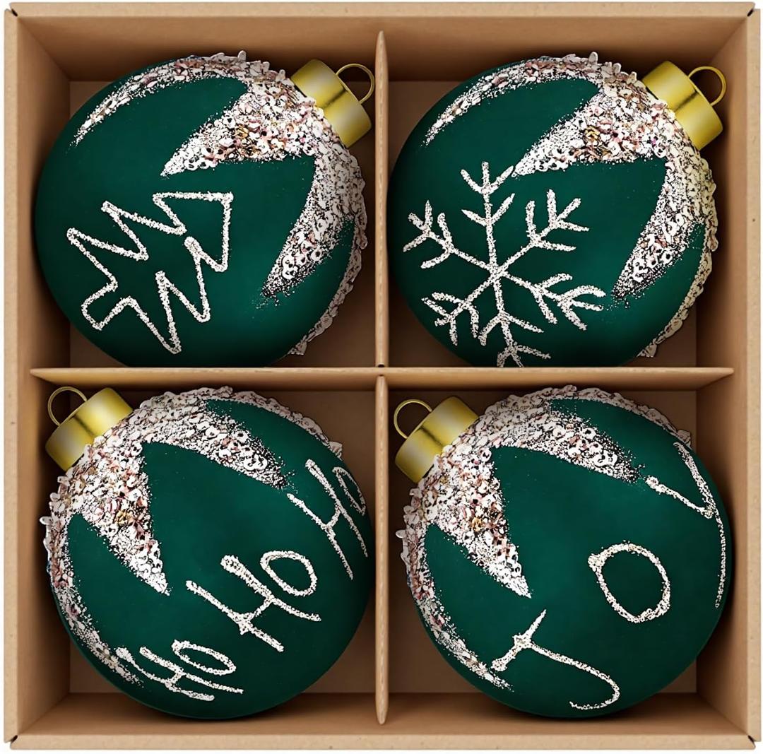 Sosation 4 Pack Dark Green Christmas Ornaments 3.14" Glitter Green Velvet Ball Ornaments Shiny Joy, Hohoho, Snowflake Flocked Shatterproof Hanging Ball Decorations for Xmas Tree Holiday Party