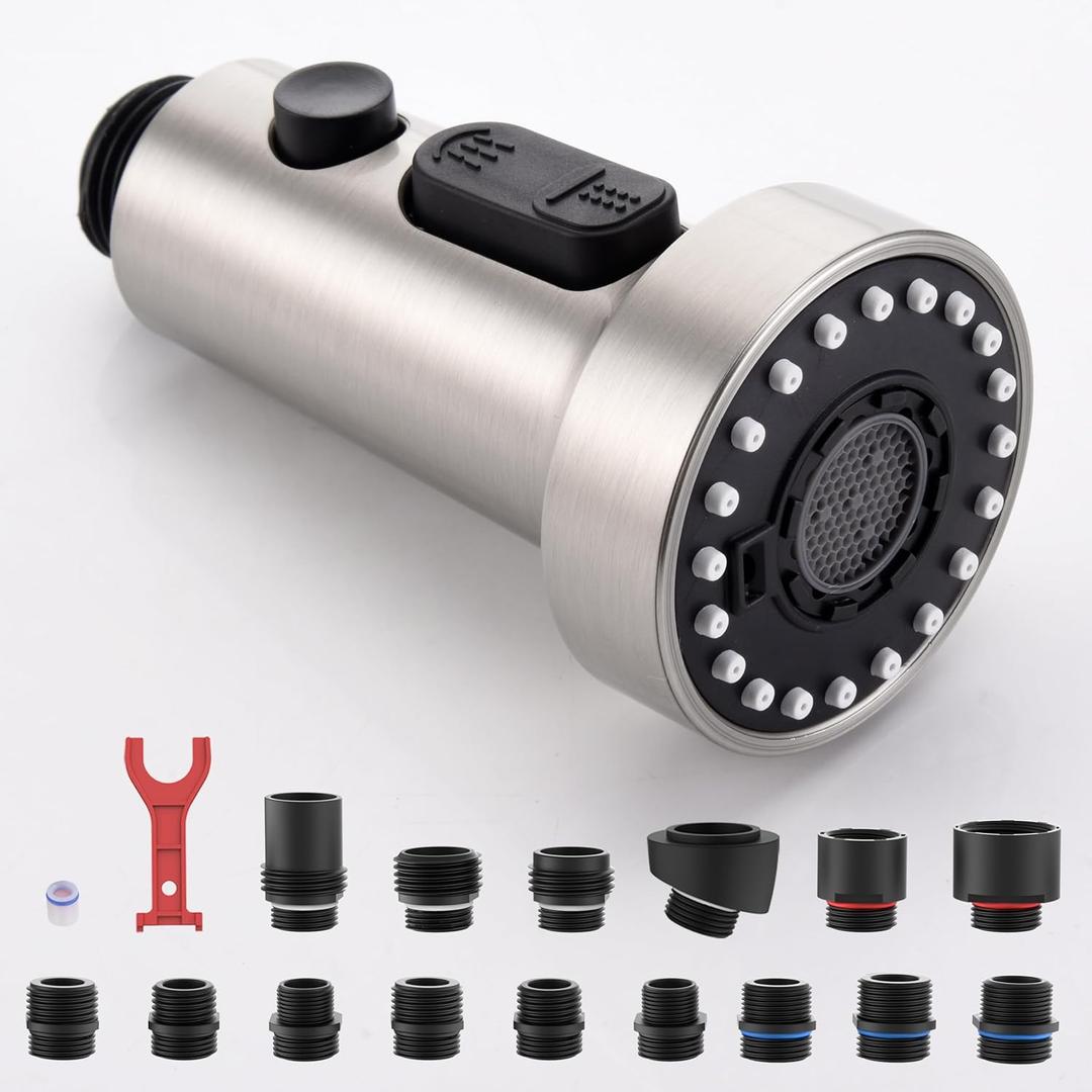 J-HVA Pull Down Kitchen Faucet Sprayer Head Replacement Part, 3 Function Pull Out Sink Sprayer Replacement Nozzle with 15 Adapters, Kitchen Faucet Head Hose Spray Tap Spout, Brushed Nickel