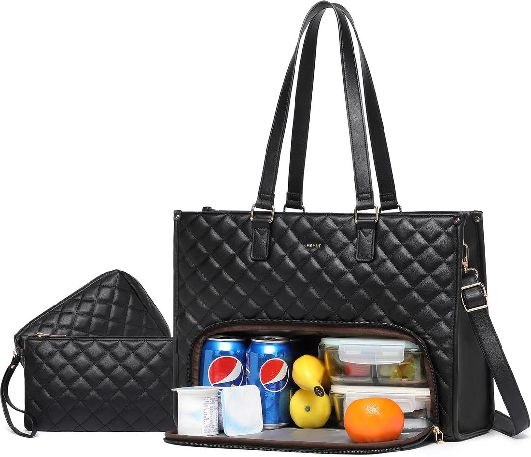 Keyli 3PCS Sets Lunch Tote bag for Women,15.6 Inch Laptop Work Bag with Insulated Lunch Box Compartment Computer Handbag (1.0-black)