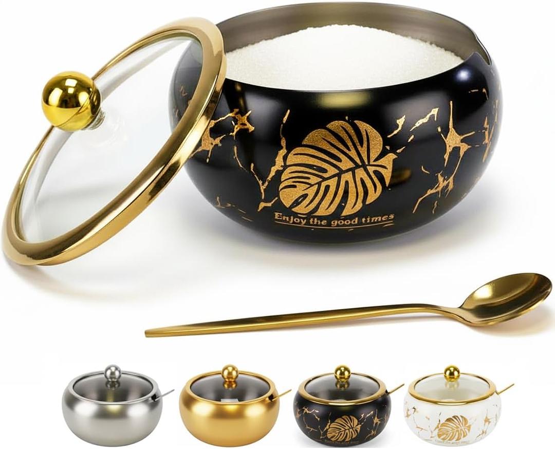 15OZ Sugar Bowl with Glass Lid and Spoon, Sugar Container of Coffee Bar Accessories, Stainless Steel Jar for Salt, Tea, Brown Sugar Cube, Dishwasher Safe, Kitchen Decor Countertop Storage, Black