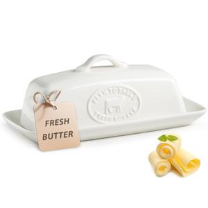 Cow Butter Dish, Ceramic Butter Dish with Lid for Countertop, White Butter Tray with Handle, Farmhouse Covered Butter Holder Container for East West Coast Butter Storage