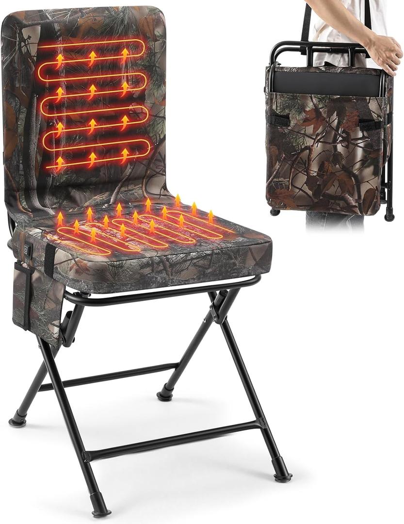 Heated Hunting Blind Chair, 360 Swivel Foldable Camo Padded Hunting Seat, Portable Duck Turkey Deer Chair with Strap for Outdoor Camping Fishing, Supports to 330 LBS, Battery Not Included