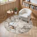 5FT Round Washable Area Rug - Abstract Soft Non-Slip Modern Low-Pile Carpet for Living Room Bedroom Office, Kid Pet Safe Robot Vacuum Friendly - Brown