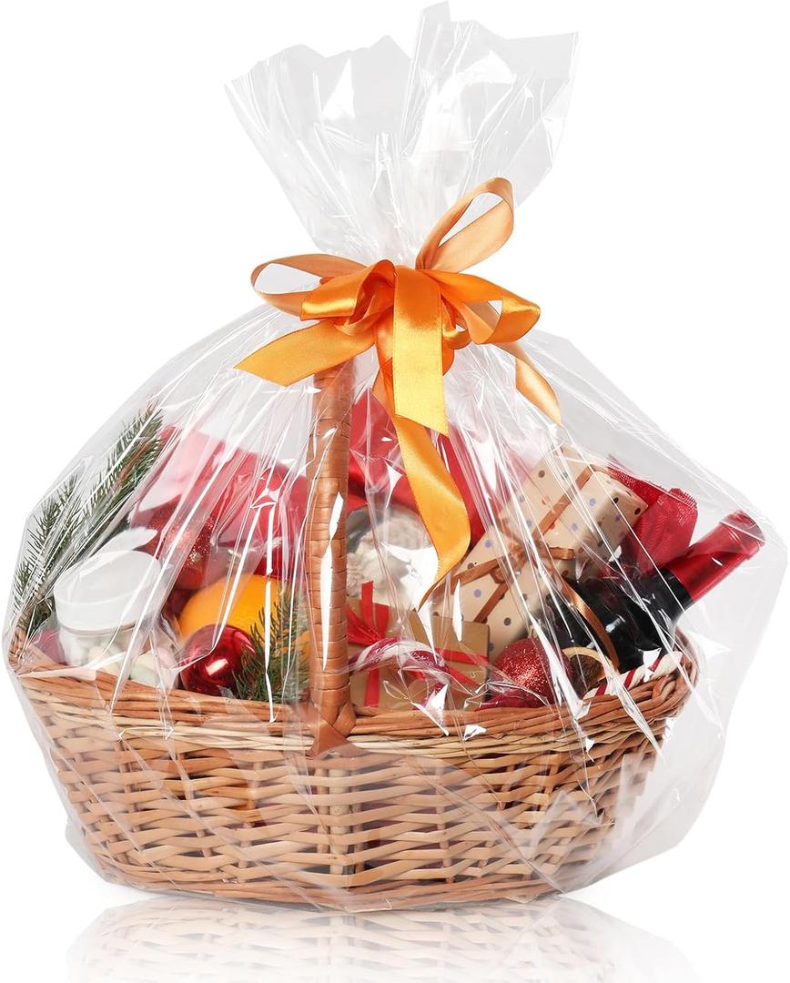 WIKDAY Cellophane Wrap for Gift Baskets 5 PCS 30x40 Inches Large Clear Cello Gift Bags with Ties Plastic for Gift Giving, Packaging Products
