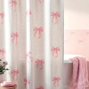 Tegeme Pink Bow Linen Shower Curtain Vintage Cotton Linen Cottagecore Shower Curtain with Hooks Bathroom Decor for Cute Preppy Aesthetic Boho French Country Spring Housewarming Gift 72 x 72 Inch