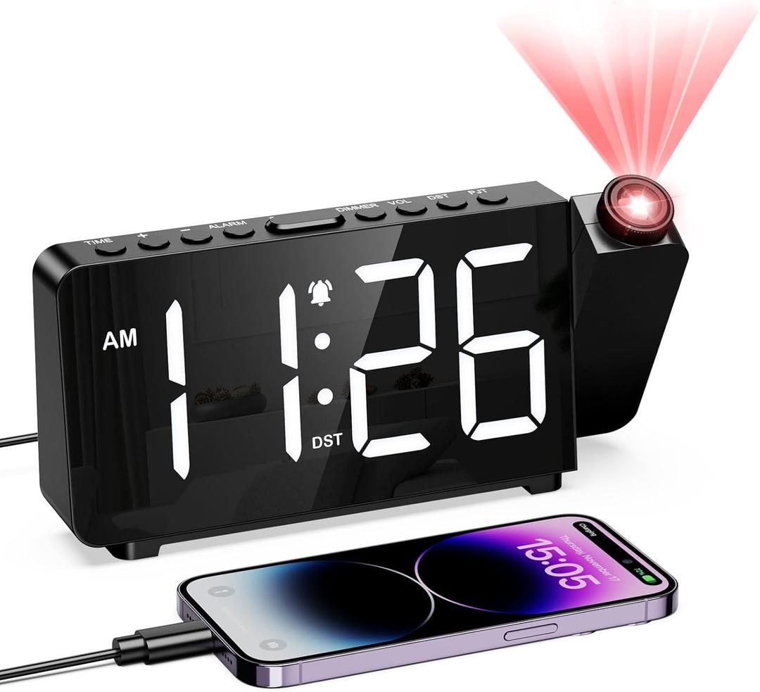 LOFICOPER Projection Alarm Clock for Bedroom, Digital Alarm Clock with 180 Rotatable Projector, 7.4'' Large LED Display, Adjustable Brightness & Volume, for Seniors Teens Heavy Sleepers