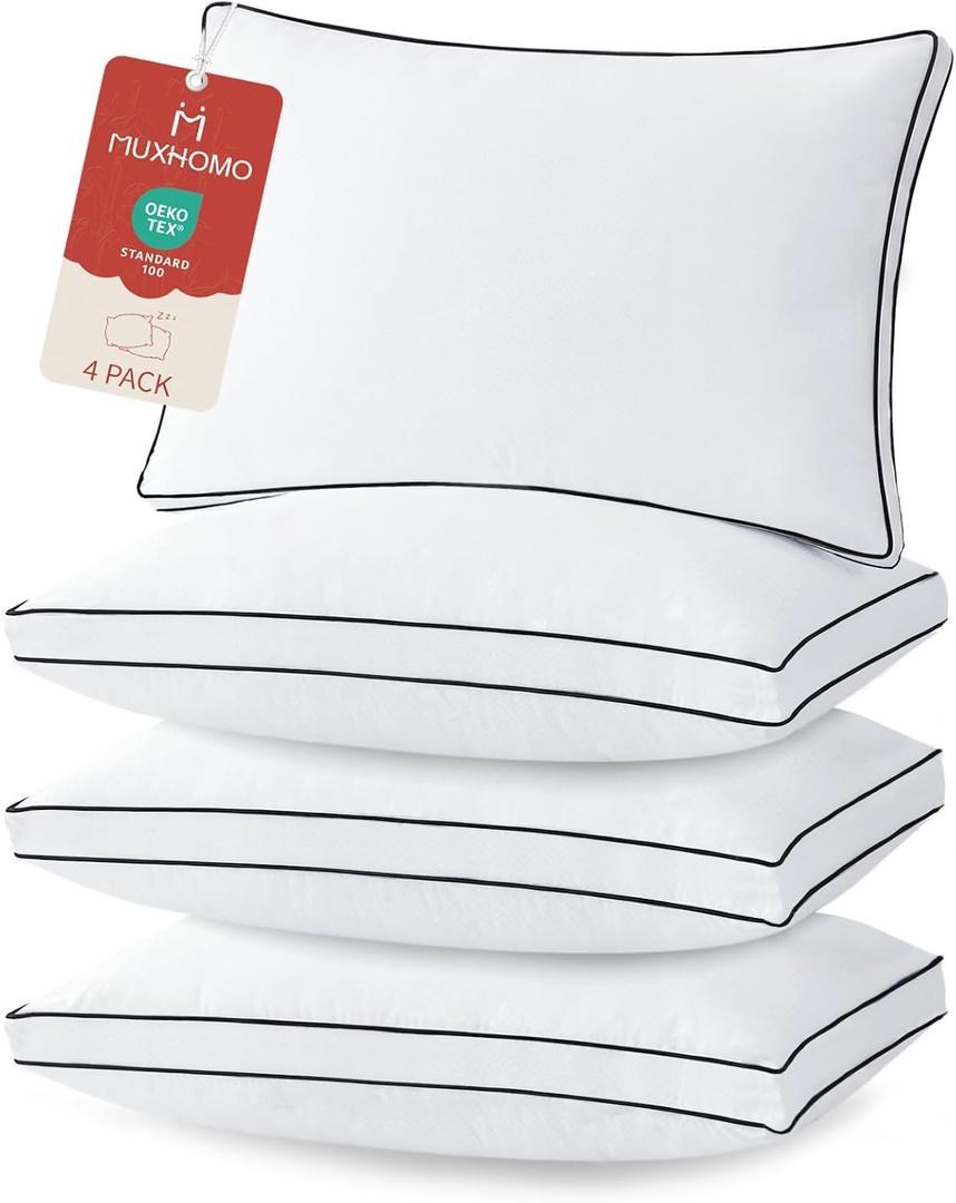 MUXHOMO Bed Pillows Queen Size Set of 4, Gusseted Sleeping Pillows for Side, Back, and Stomach Sleepers, Hotel Quality, Oeko-Tex Certified Fluffy Supportive Down Alternative Filling, White, 4 Pack