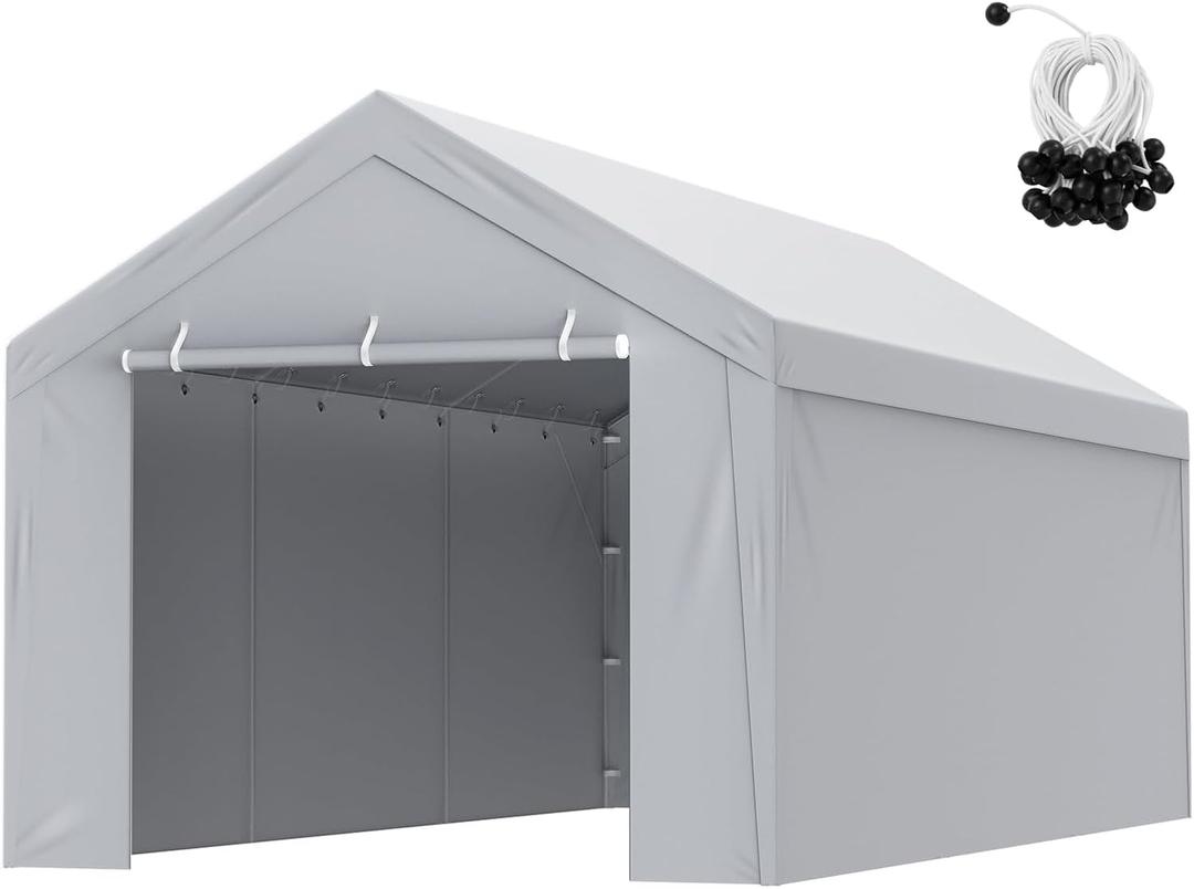 VEVOR Carport Replacement Canopy Cover Top + Side Wall 10 x 20 ft, Garage Tent Shelter Tarp Heavy-Duty Waterproof & UV Protected, Easy Installation with Ball Bungees,Grey (Frame Not Included) (Gray)