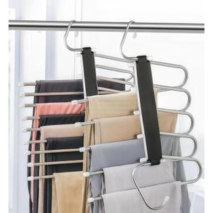 2 Pack Pants Hangers Space Saving Clothes Hangers 5 Layers, Non Slip Pant Hanger for Closet Organizers and Storage, Stainless Steel Jean Hangers Multifunctional Pant Rack for Trouser, Scarf, Skirt